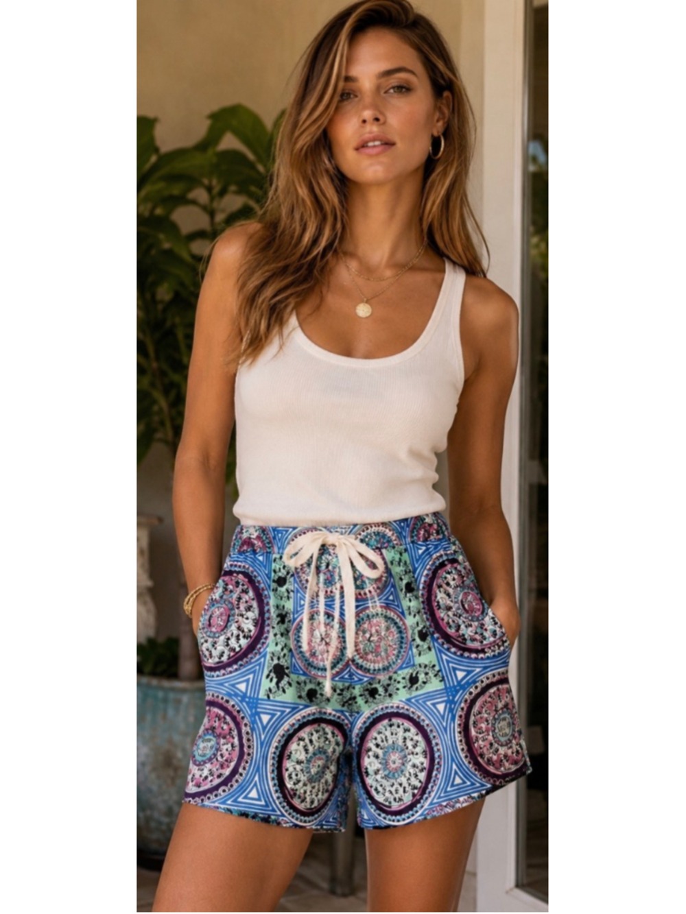 Jw Anderson Blue Green Printed Linen Shorts S Crystal Embellishments